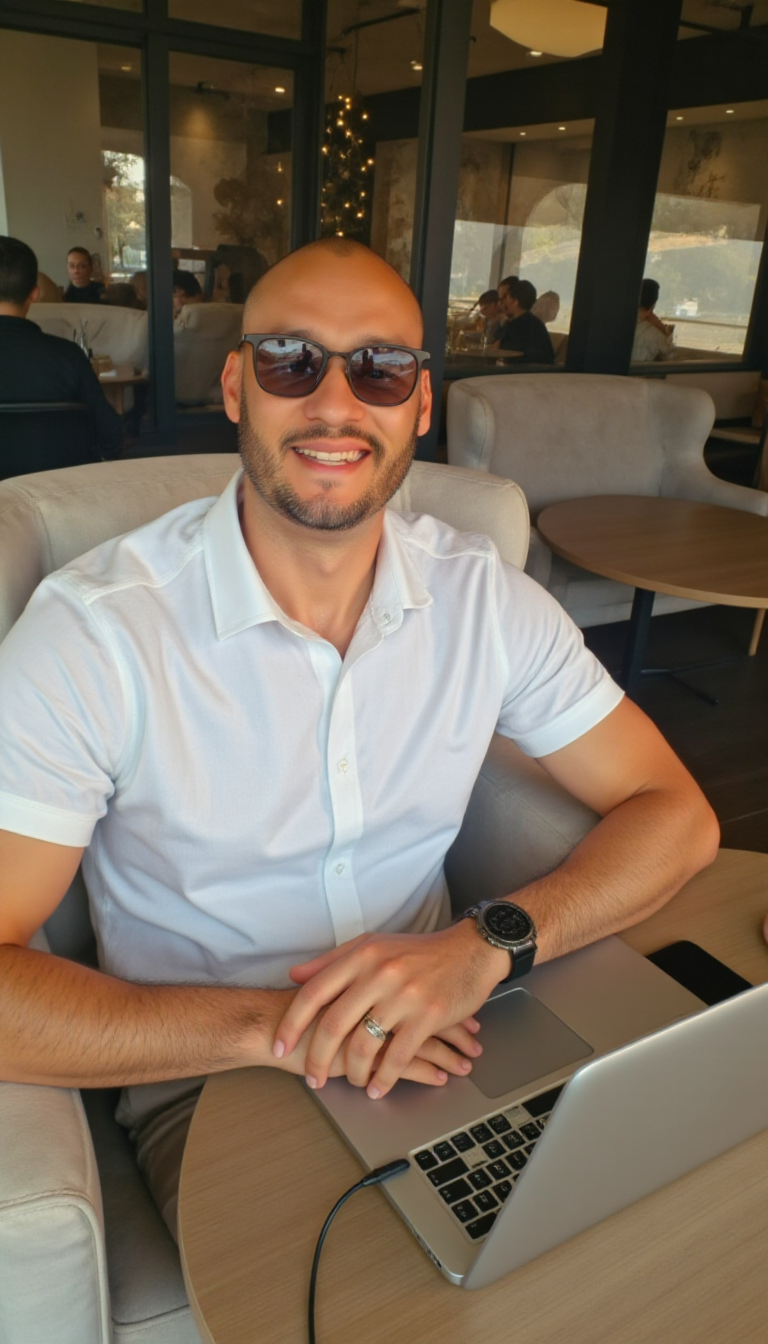 Guilherme Vilalva trabalhando em um café com notebook